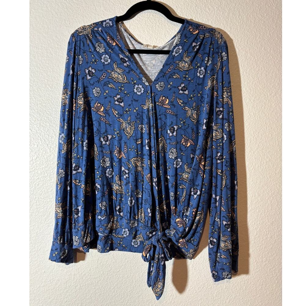 One World Size 1X Blue Floral Surplice Wrap Long Sleeve Tie Knot Stretch Top